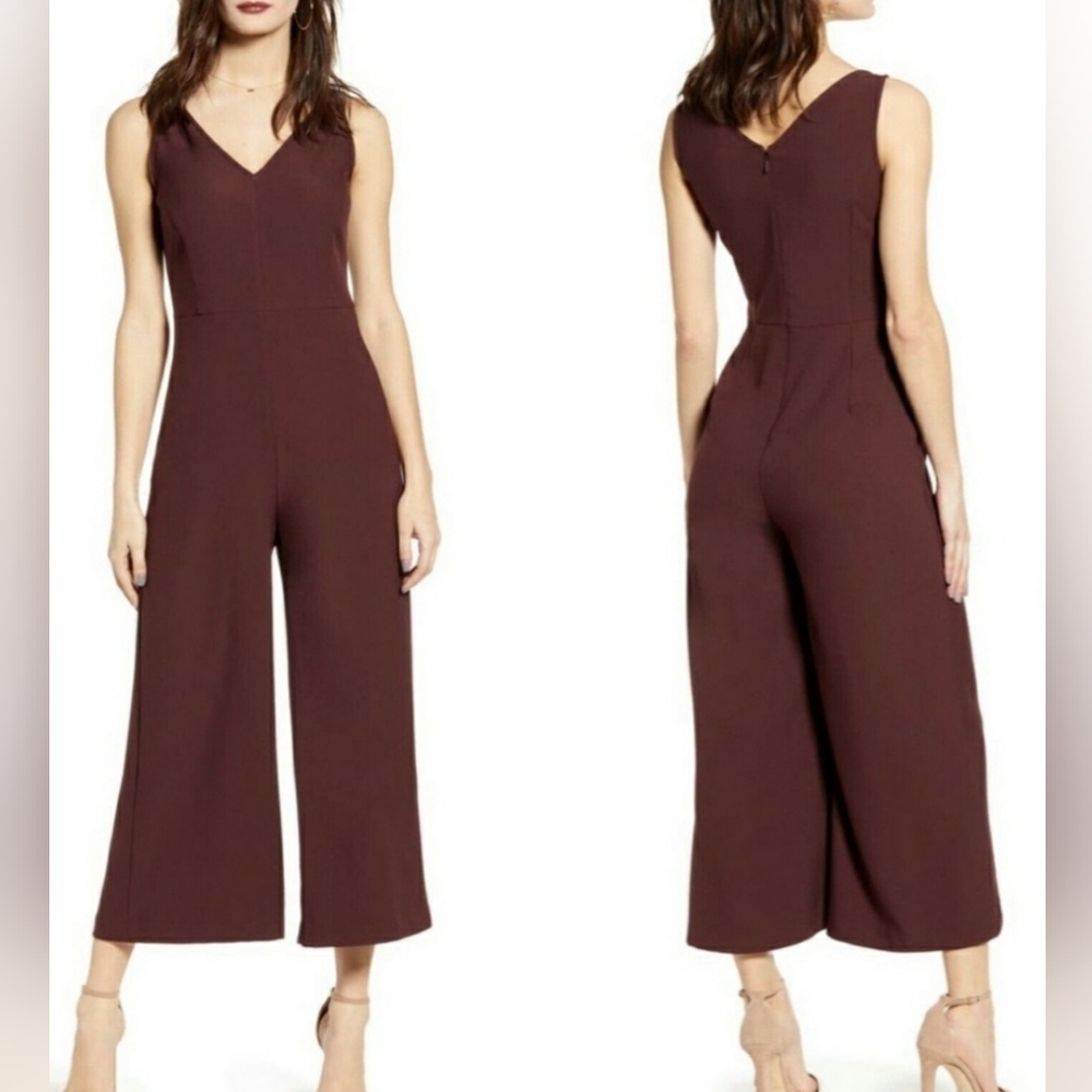Leith Sleeveless V-Neck Wide-Leg Cropped Jumpsuit Burgundy Fudge- XL